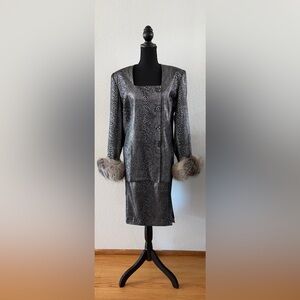 Solini Metallic Silver and Black 2pc Skirt Suit w/Fur and Rhinestones Size 16